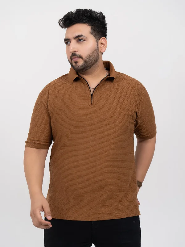 Tan Interlock Zipper Knitted Polo T-shirt