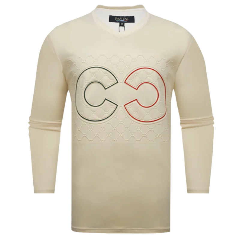 Men's Cream V-Neck Long Sleeves T-shirt Fashion Design