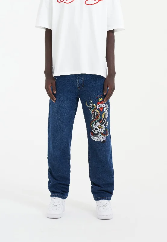 Mens Nyc-Skull Diamante Denim Trousers Jeans - Indigo