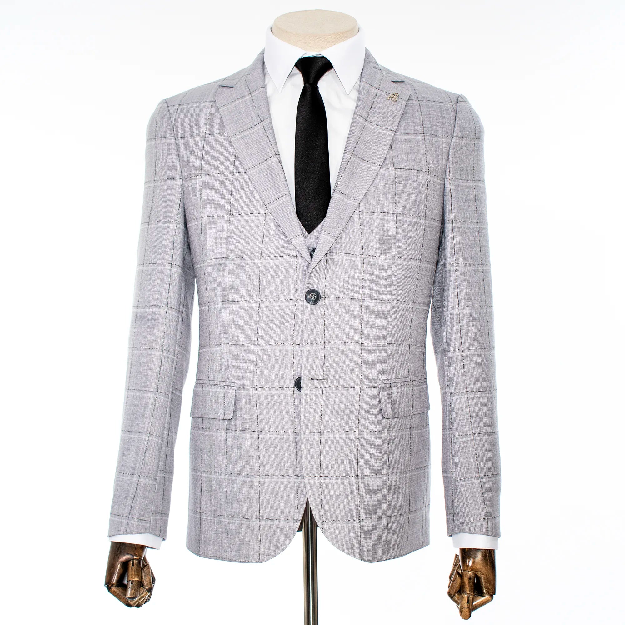 Ash Gray Windowpane 3-Piece Tailored-Fit Suit