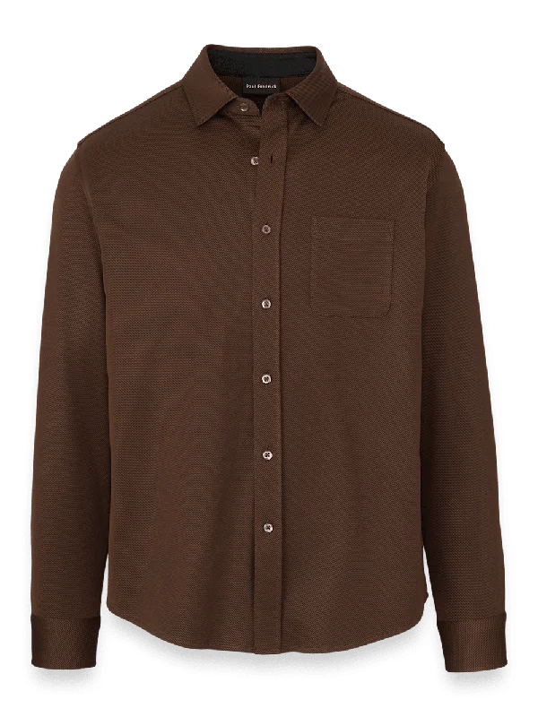 Cotton Blend Button Front Polo - Brown