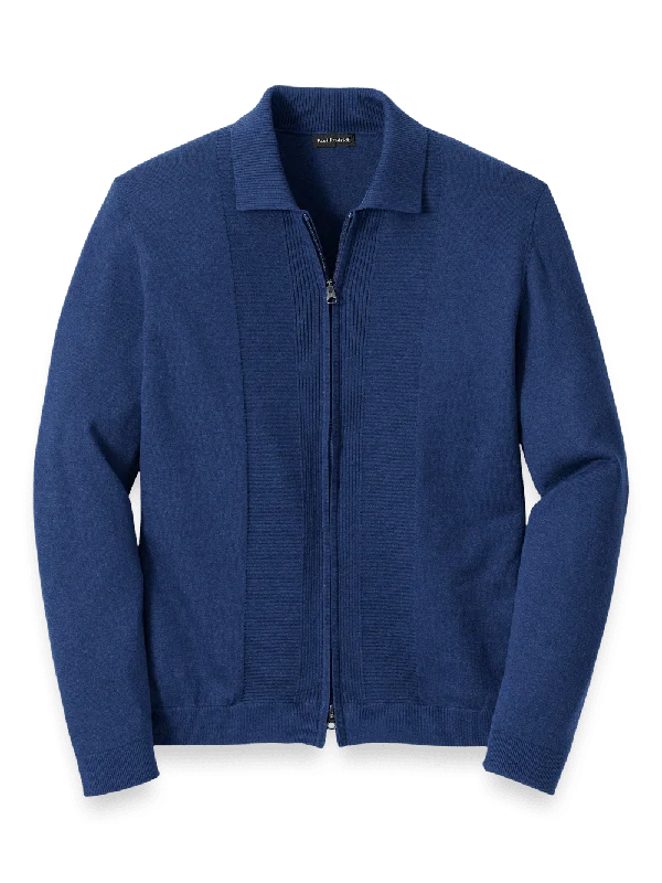 Silk Cotton Cashmere Full Zip Polo - Navy