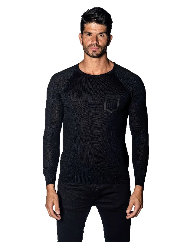 Black Sweater Crew Neck with Faux Pocket for Men 1896-BK