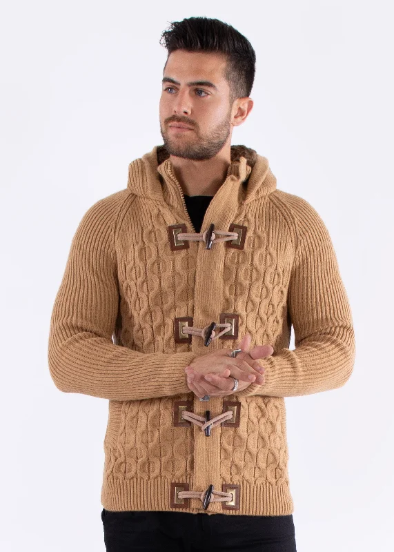 Full Zip Cable Knit Fur Hood Sweater Beige