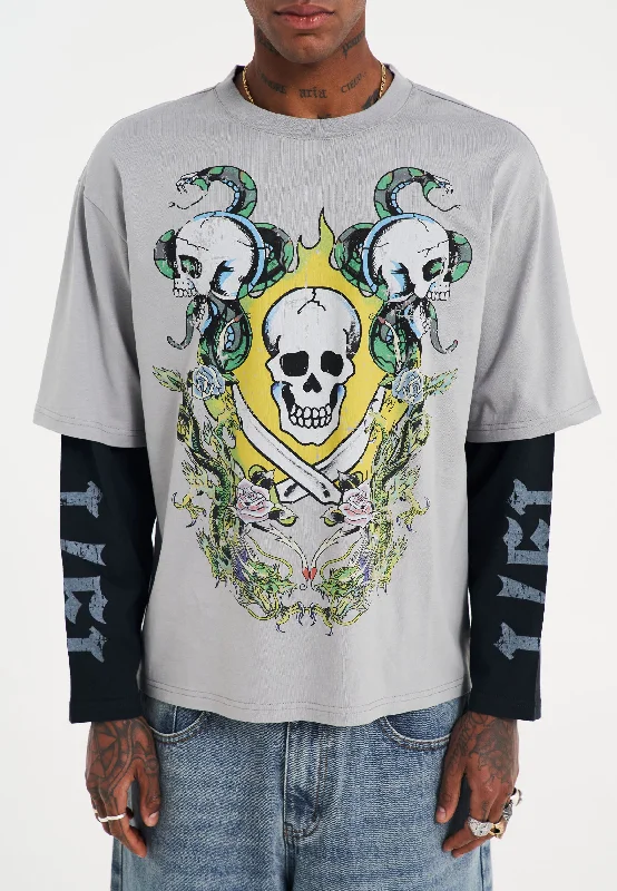 Mens Skull King Double Layer Long Sleeve Tshirt - Grey/Black