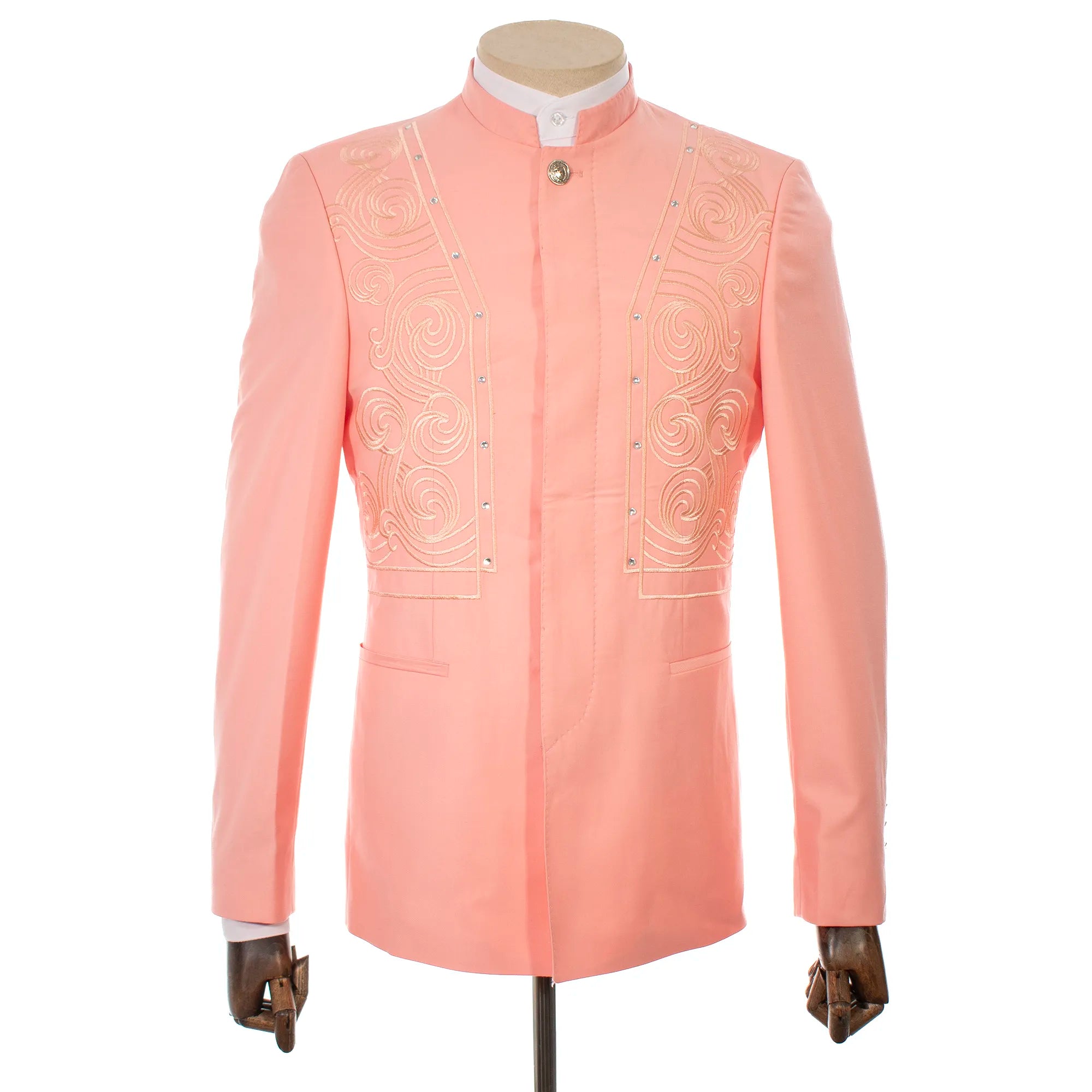 Coral Embroidered 2-Piece Slim-Fit Suit with Mandarin Collar