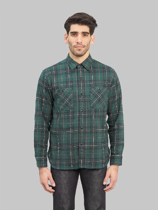 Sugar Cane Twill Check Flannel Shirt Green