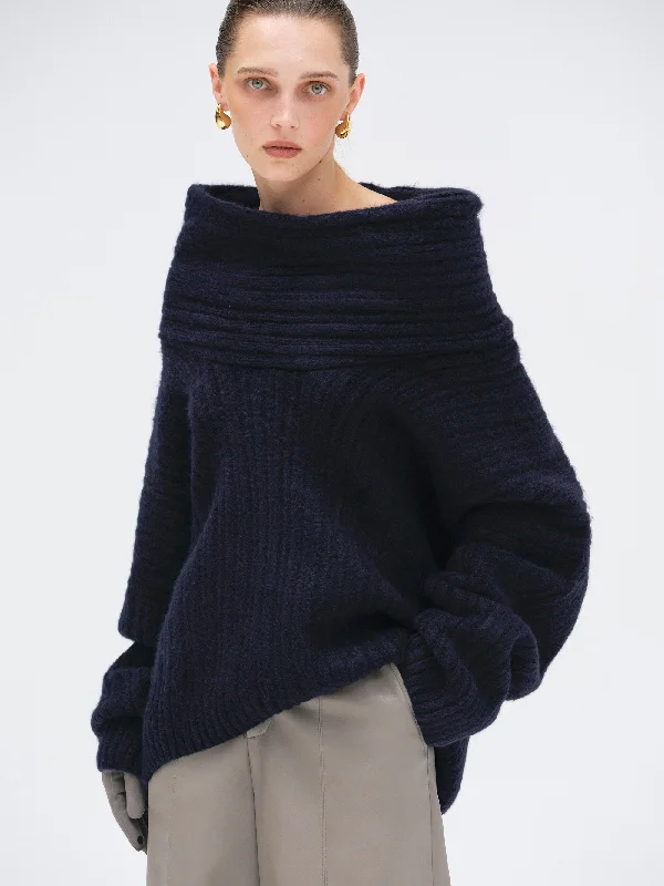 Becca Oversized High Roll Knit Pullover, Navy