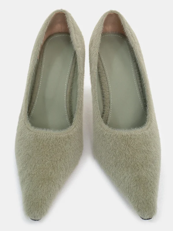 Faux-Fur Shearling Heels, Sage